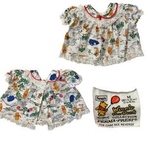 Vintage Sears Winnie The Pooh Baby Dress 12M Disney Lace 70s 80s All Over Print
